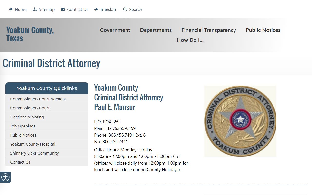 Yoakum County court records after arrest Criminal District Attorney page